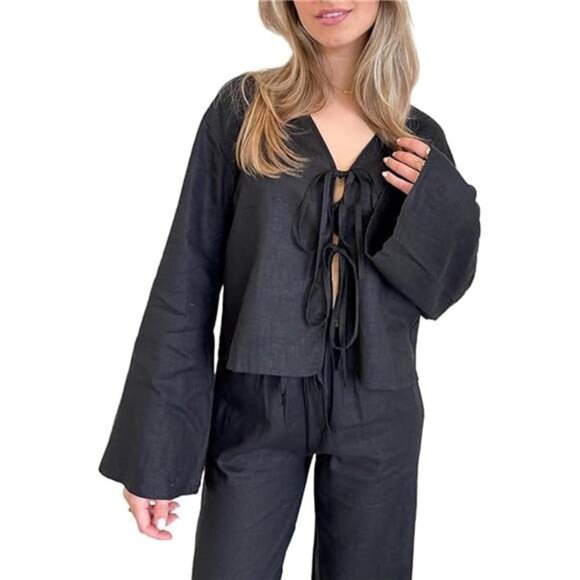 🌿 Women’s Lace-Up V-Neck Linen Shirt – Long Flare Sleeve Tie Front Crop Top - Picture 1 of 7